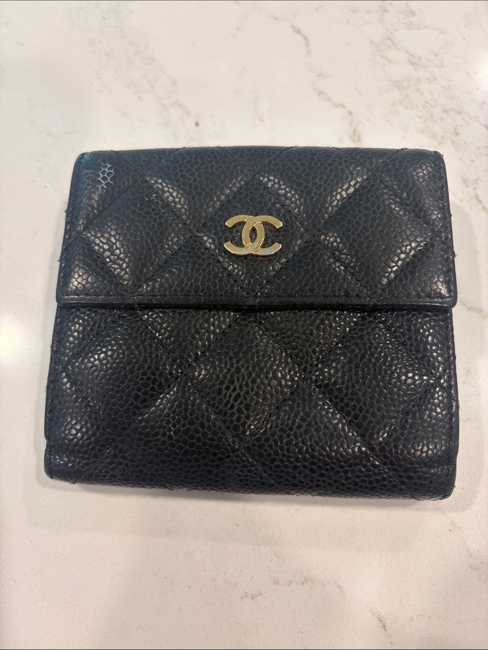 CHANEL Quilted Caviar Leather Wallet in black with Gold CC